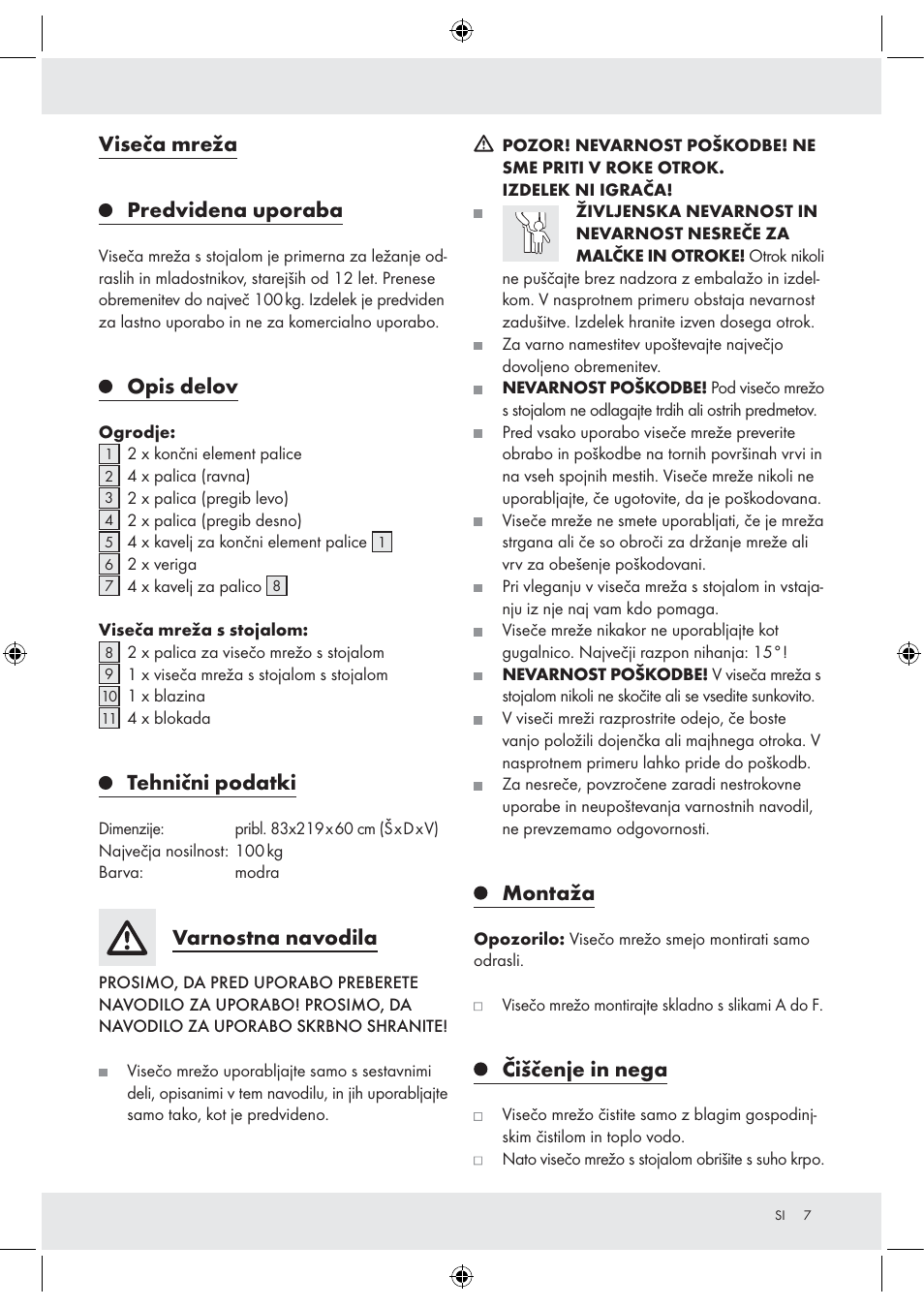 Viseča mreža, Predvidena uporaba, Opis delov | Tehnični podatki, Varnostna navodila, Montaža, Čiščenje in nega | Florabest Z30700 User Manual | Page 7 / 13