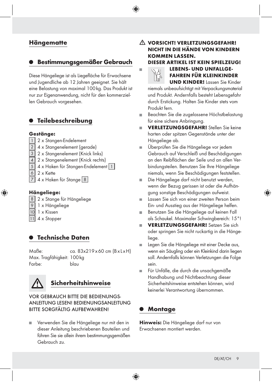 Hängematte bestimmungsgemäßer gebrauch, Teilebeschreibung, Technische daten | Sicherheitshinweise, Montage | Florabest Z30700 User Manual | Page 9 / 13