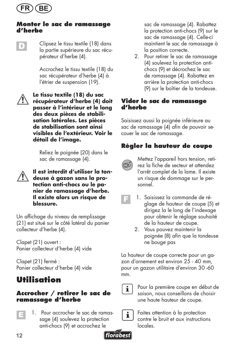 Utilisation, Be fr | Florabest FRM 1800 A1 User Manual | Page 12 / 60