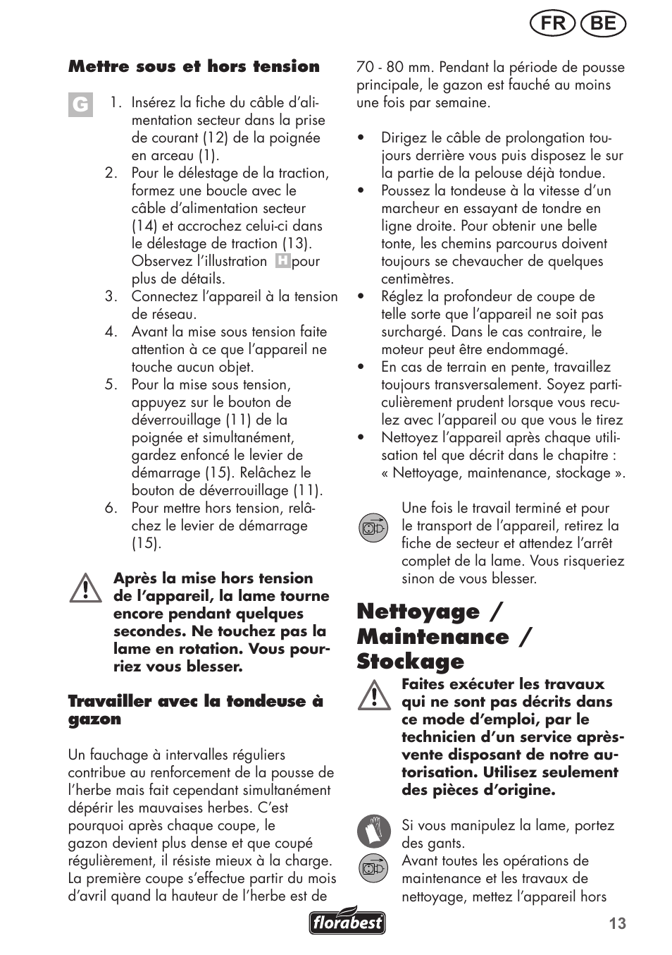 Nettoyage / maintenance / stockage, Be fr | Florabest FRM 1800 A1 User Manual | Page 13 / 60
