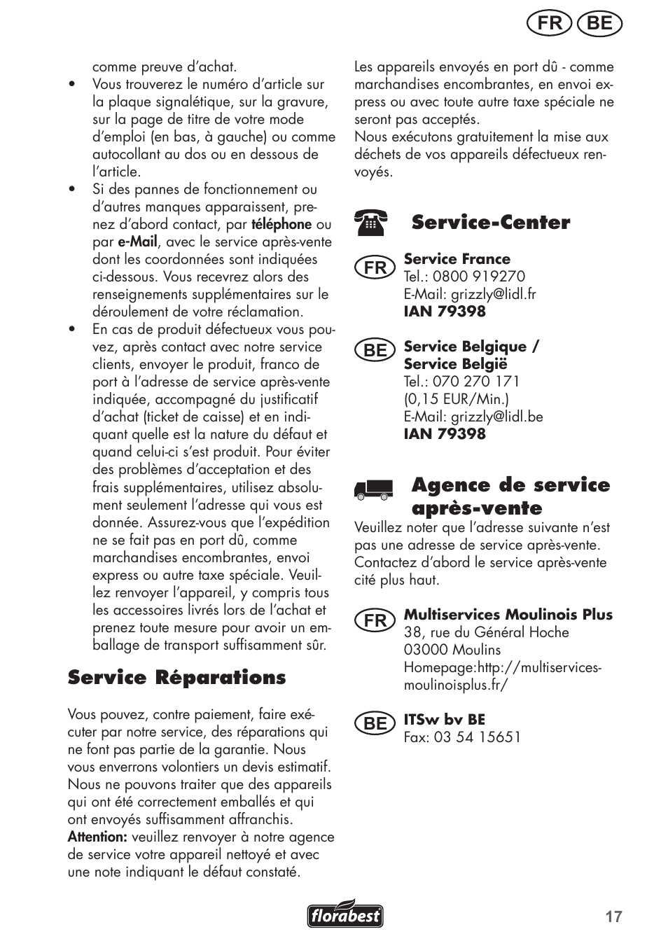Be fr, Service réparations, Service-center | Agence de service après-vente, Fr be fr be | Florabest FRM 1800 A1 User Manual | Page 17 / 60