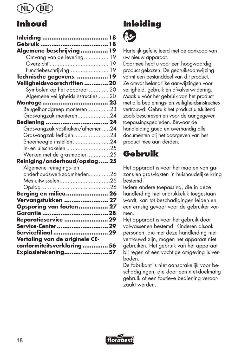 Inhoud, Inleiding, Gebruik | Nl be | Florabest FRM 1800 A1 User Manual | Page 18 / 60