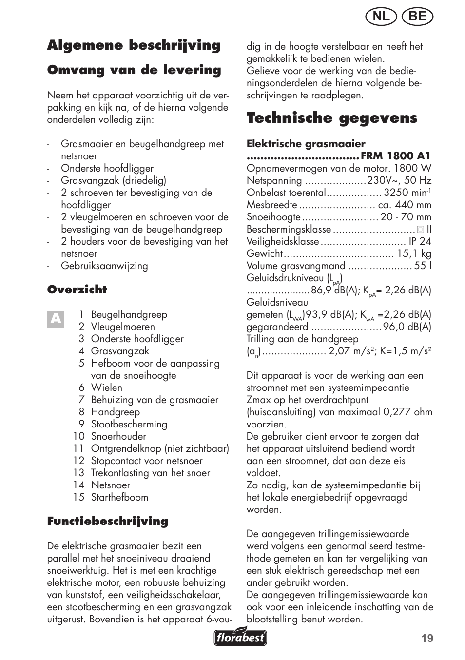 Technische gegevens, Be nl, Algemene beschrijving | Omvang van de levering | Florabest FRM 1800 A1 User Manual | Page 19 / 60