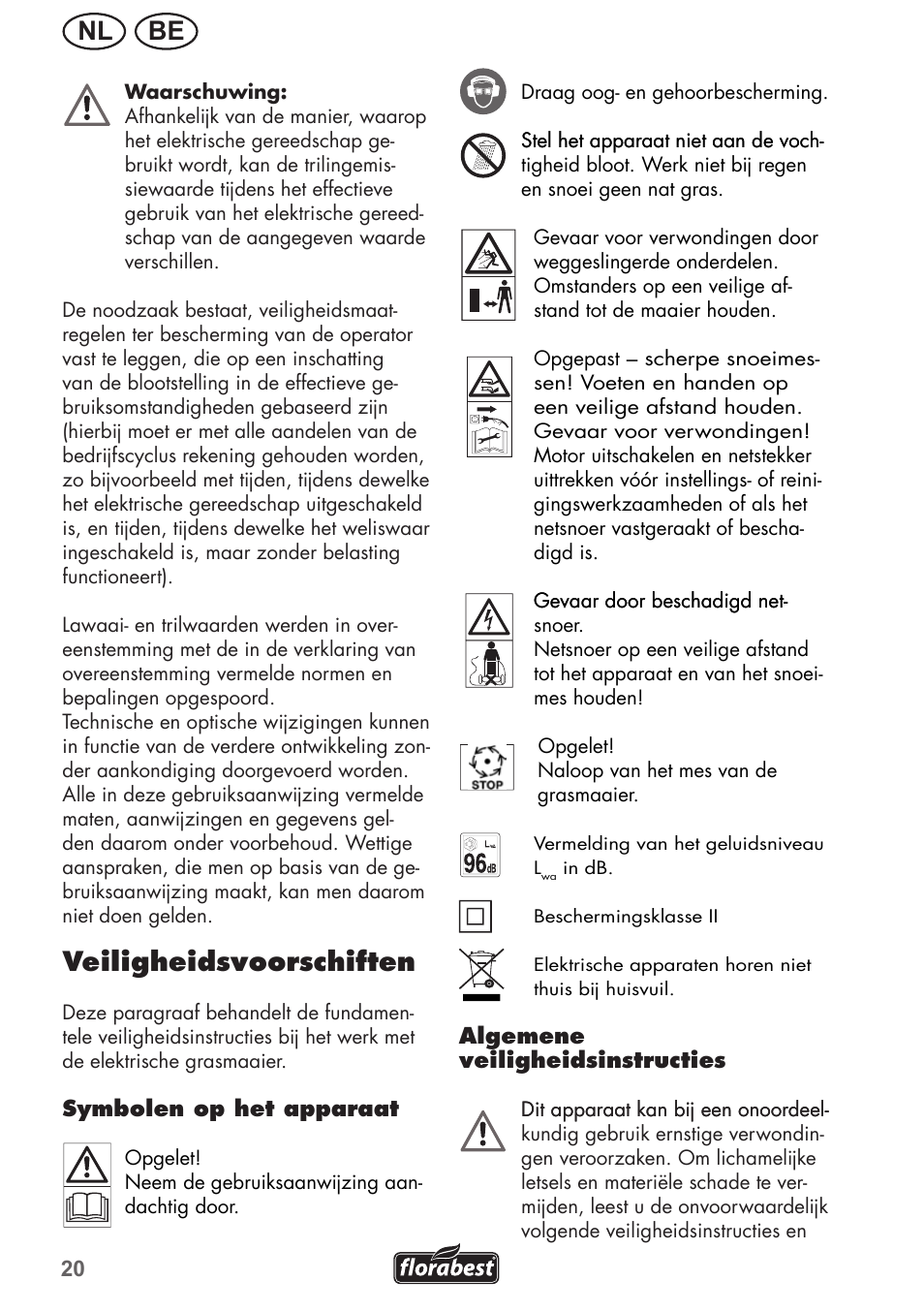Nl be, Veiligheidsvoorschiften | Florabest FRM 1800 A1 User Manual | Page 20 / 60