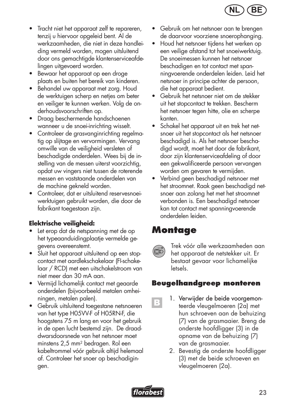 Montage, Be nl | Florabest FRM 1800 A1 User Manual | Page 23 / 60