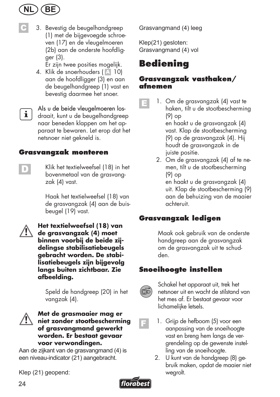 Bediening, Nl be c | Florabest FRM 1800 A1 User Manual | Page 24 / 60
