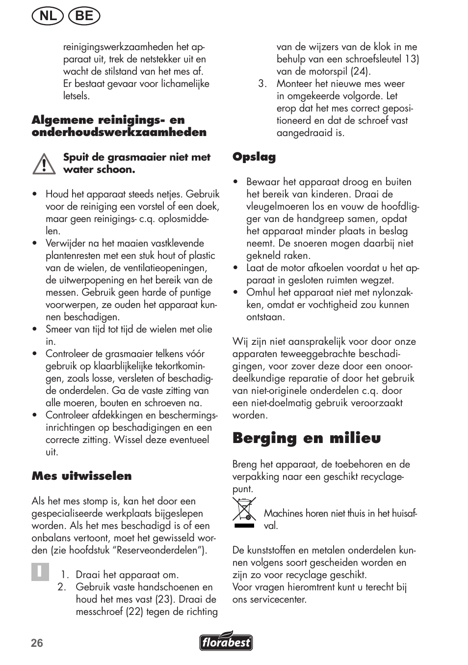Berging en milieu, Nl be | Florabest FRM 1800 A1 User Manual | Page 26 / 60