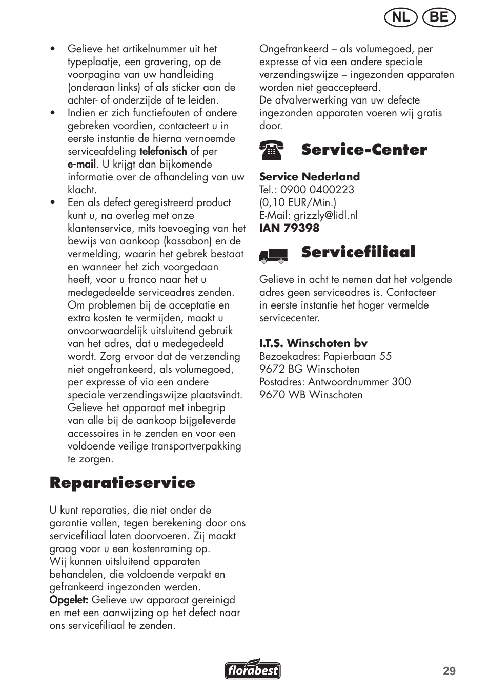 Reparatieservice, Service-center, Servicefiliaal | Be nl | Florabest FRM 1800 A1 User Manual | Page 29 / 60