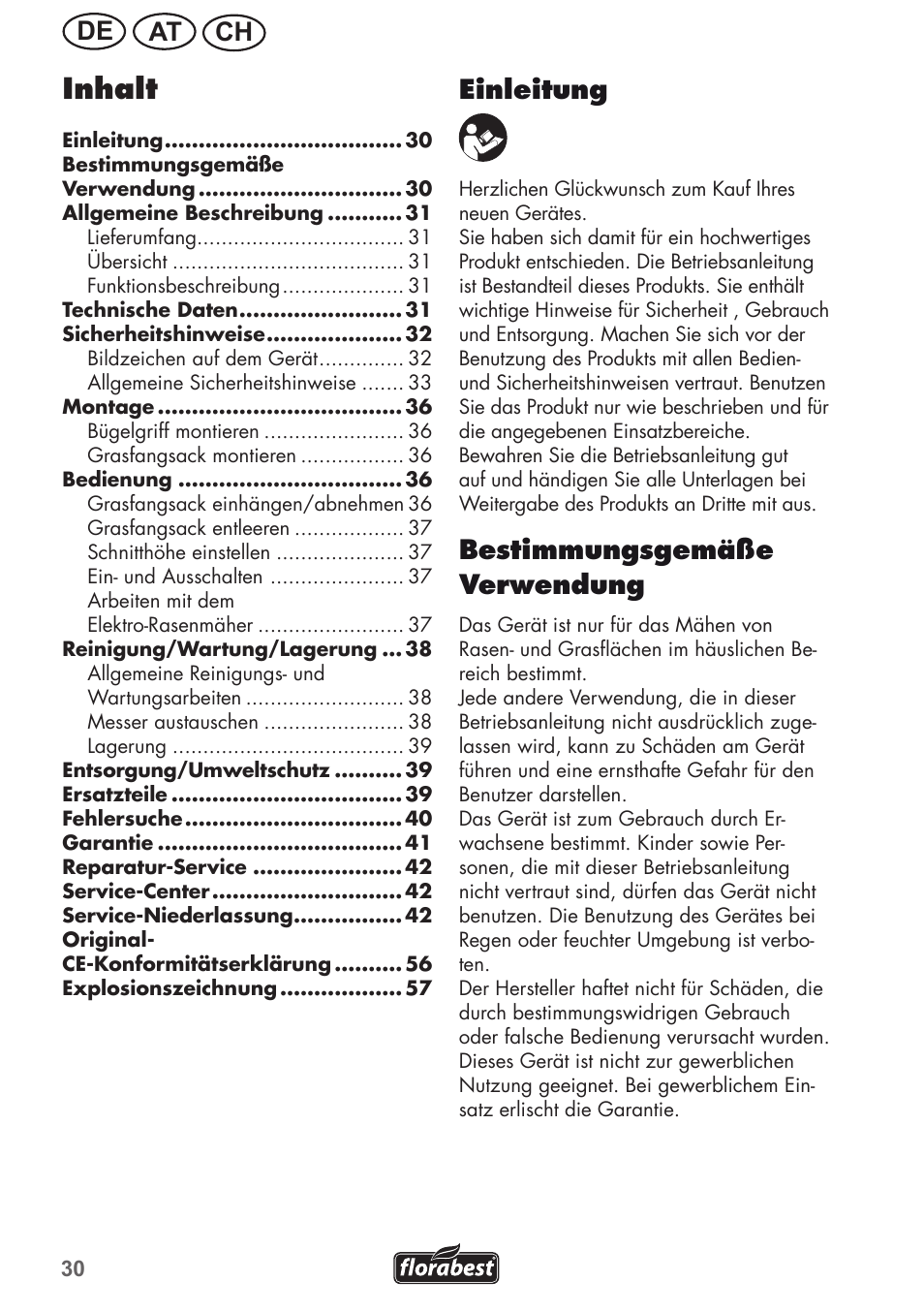 Inhalt, Ch at de einleitung, Bestimmungsgemäße verwendung | Florabest FRM 1800 A1 User Manual | Page 30 / 60