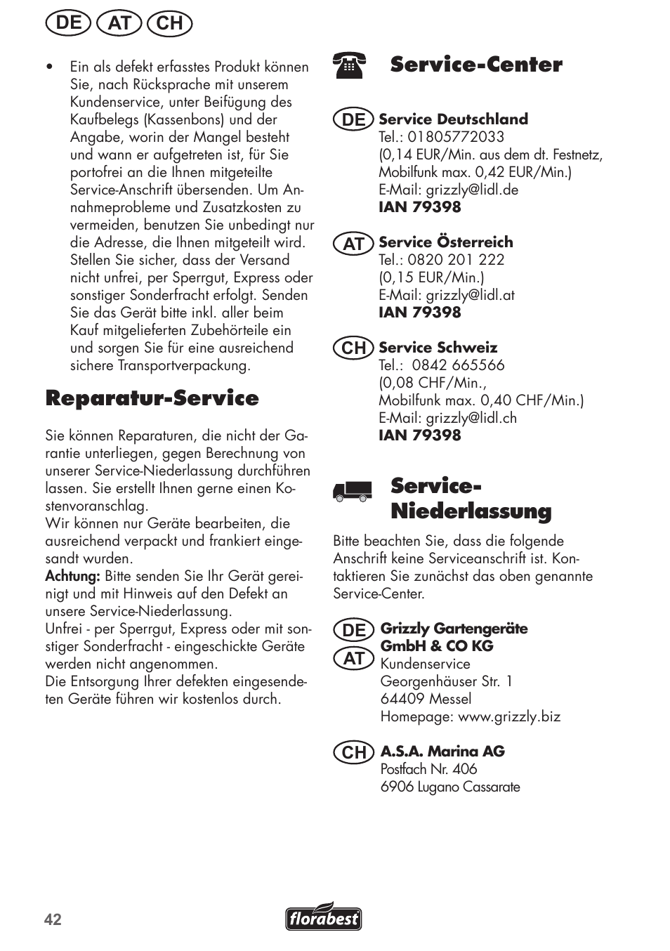 Reparatur-service, Service-center, Service- niederlassung | Ch at de, De at at ch ch | Florabest FRM 1800 A1 User Manual | Page 42 / 60