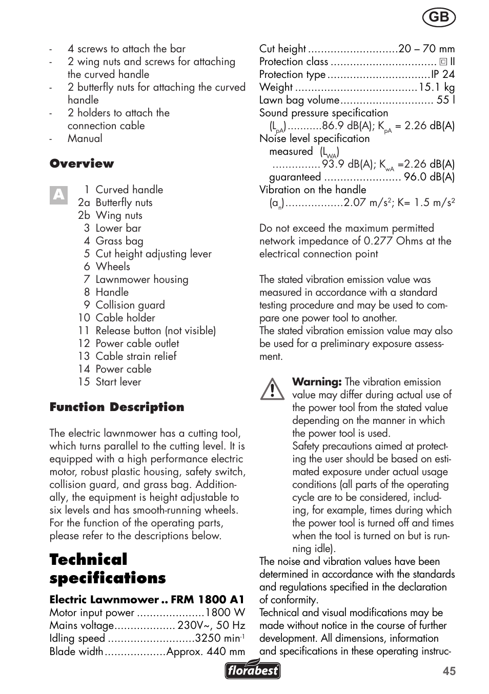 Technical specifications | Florabest FRM 1800 A1 User Manual | Page 45 / 60