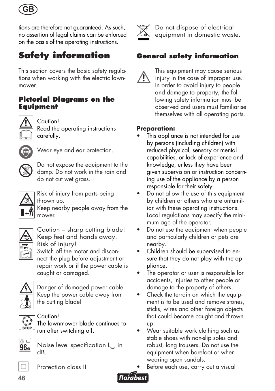Safety information | Florabest FRM 1800 A1 User Manual | Page 46 / 60