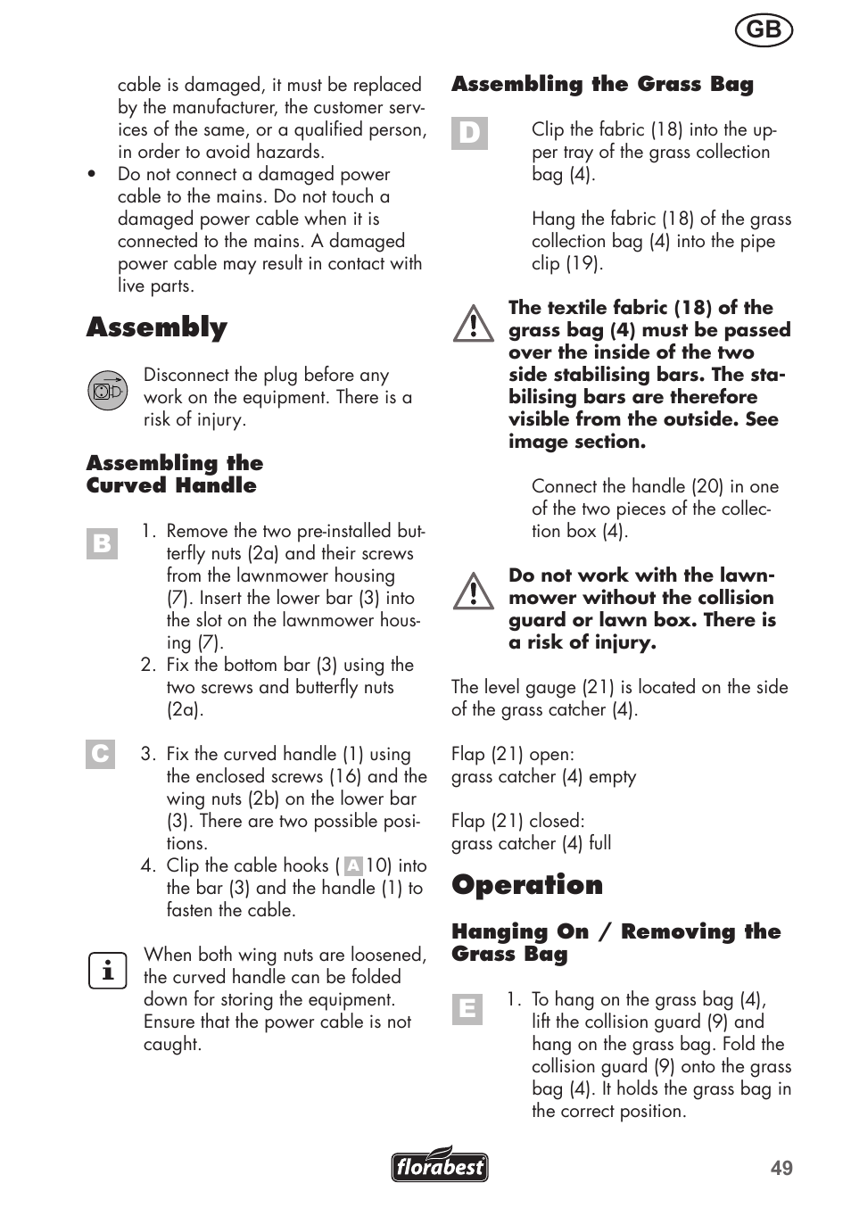 Assembly, Operation | Florabest FRM 1800 A1 User Manual | Page 49 / 60
