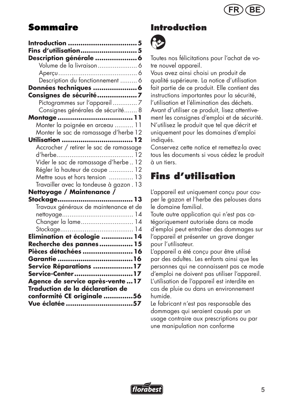 Sommaire, Fins d’utilisation, Be fr | Introduction | Florabest FRM 1800 A1 User Manual | Page 5 / 60