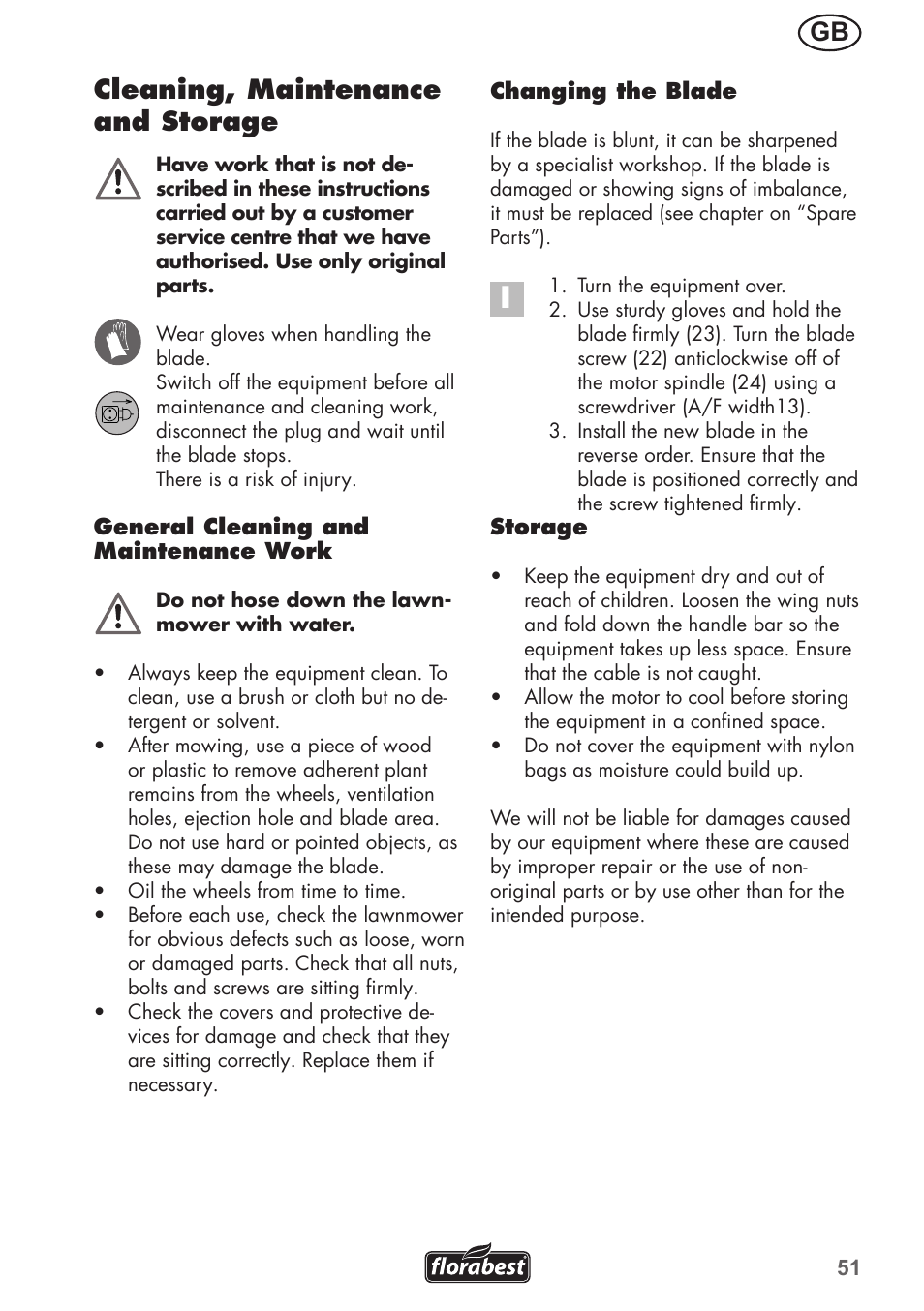 Gb cleaning, maintenance and storage | Florabest FRM 1800 A1 User Manual | Page 51 / 60