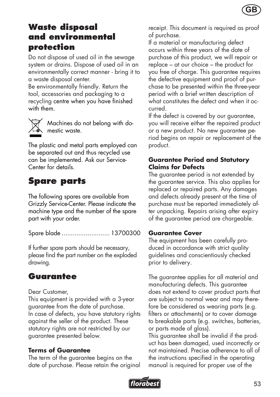 Spare parts, Gb waste disposal and environmental protection, Guarantee | Florabest FRM 1800 A1 User Manual | Page 53 / 60