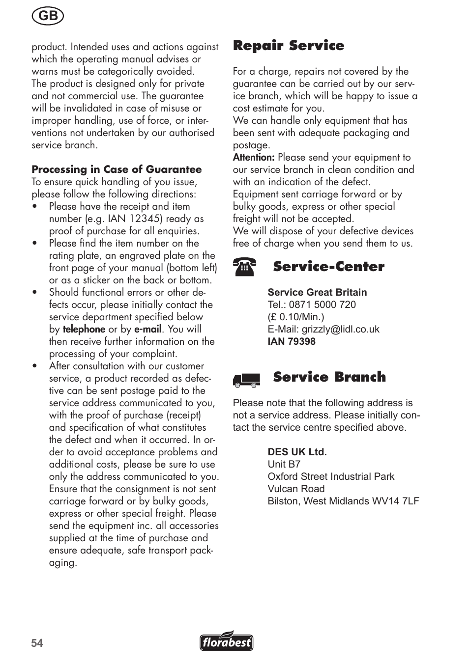 Repair service, Service-center, Service branch | Florabest FRM 1800 A1 User Manual | Page 54 / 60