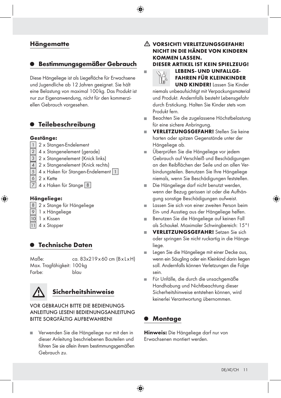 Hängematte bestimmungsgemäßer gebrauch, Teilebeschreibung, Technische daten | Sicherheitshinweise, Montage | Florabest Z30700 User Manual | Page 11 / 15