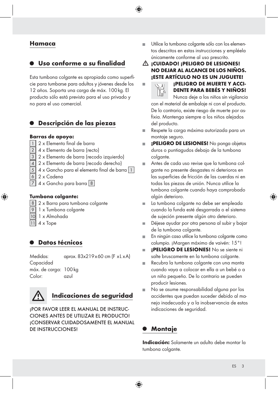 Hamaca, Uso conforme a su ﬁnalidad, Descripción de las piezas | Datos técnicos, Indicaciones de seguridad, Montaje | Florabest Z30700 User Manual | Page 3 / 15