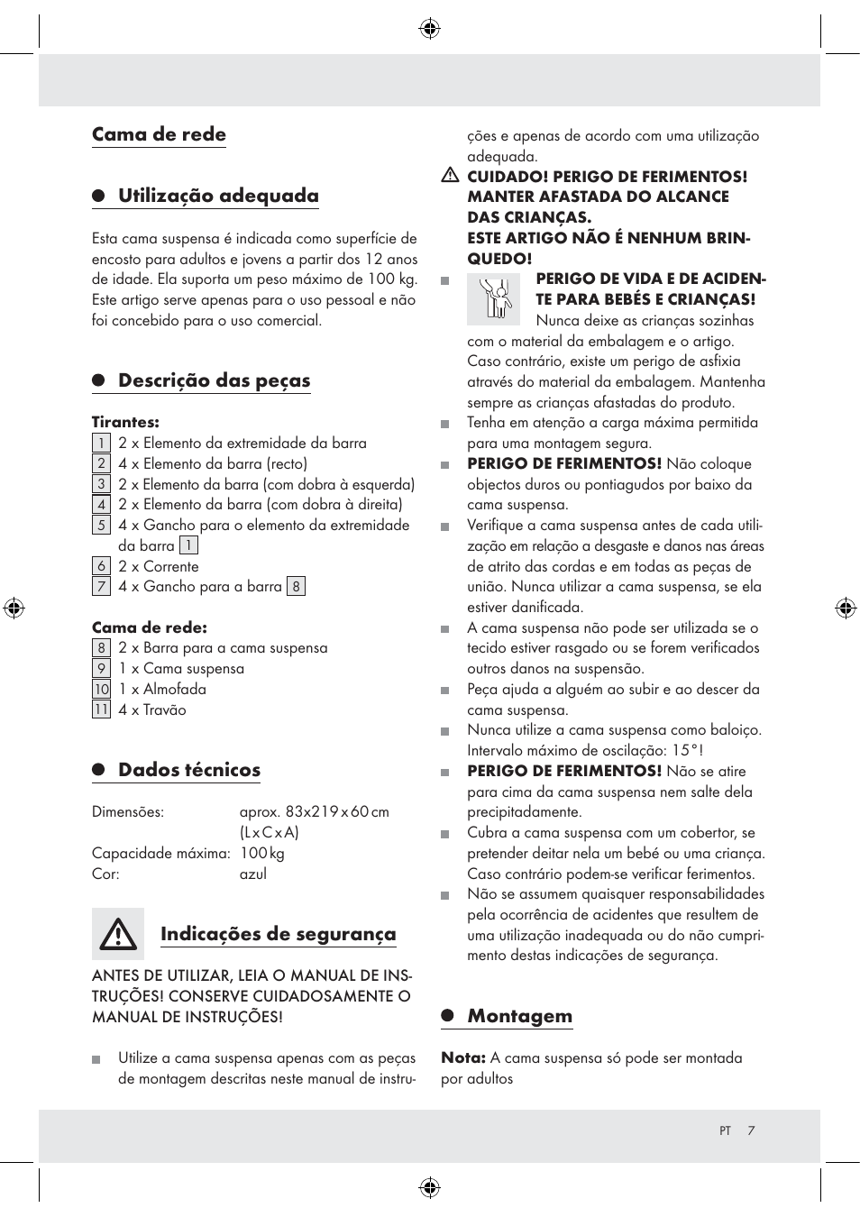 Cama de rede, Utilização adequada, Descrição das peças | Dados técnicos, Indicações de segurança, Montagem | Florabest Z30700 User Manual | Page 7 / 15