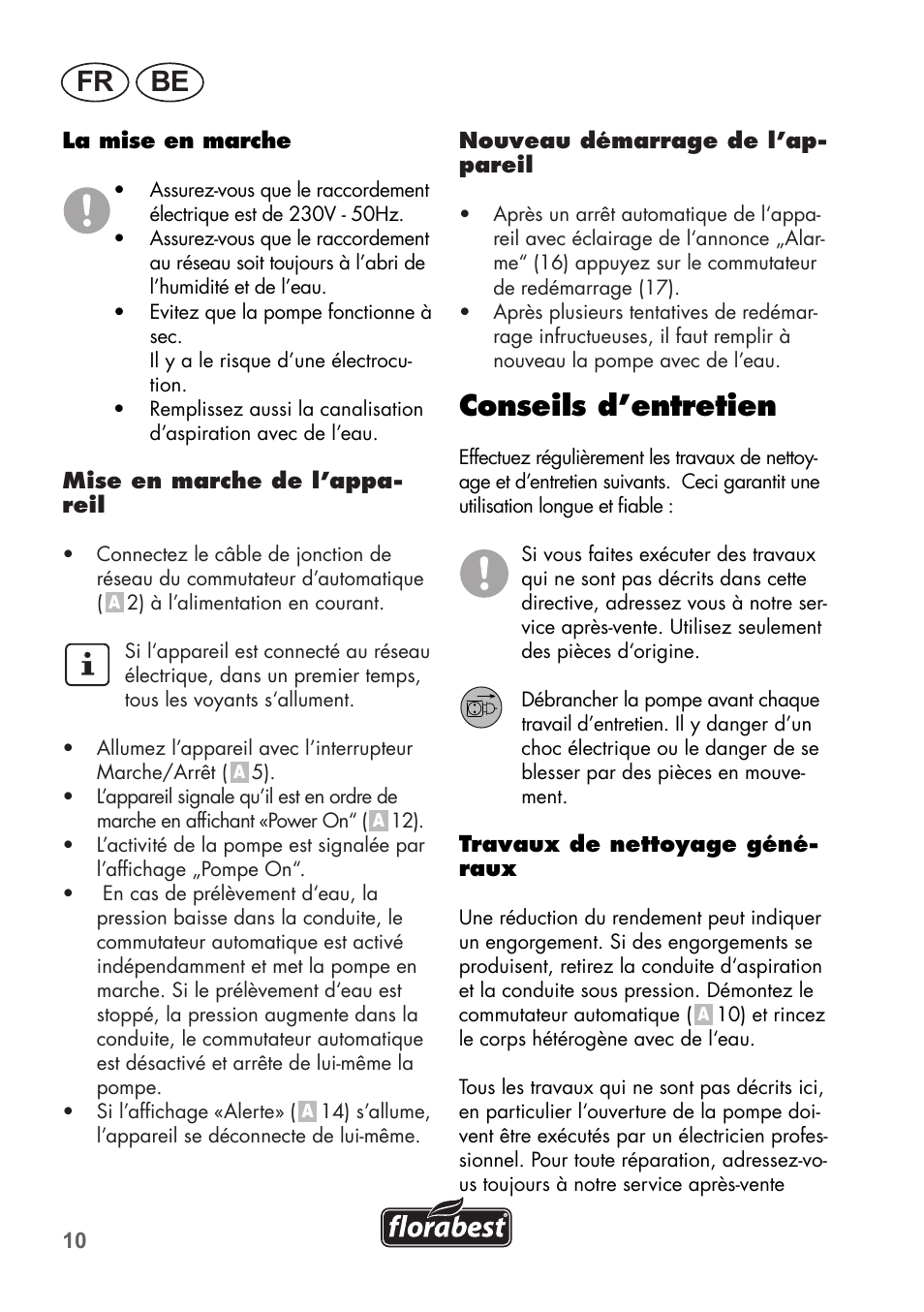 Fr be, Conseils d’entretien | Florabest FHa 1100 B2 User Manual | Page 10 / 48