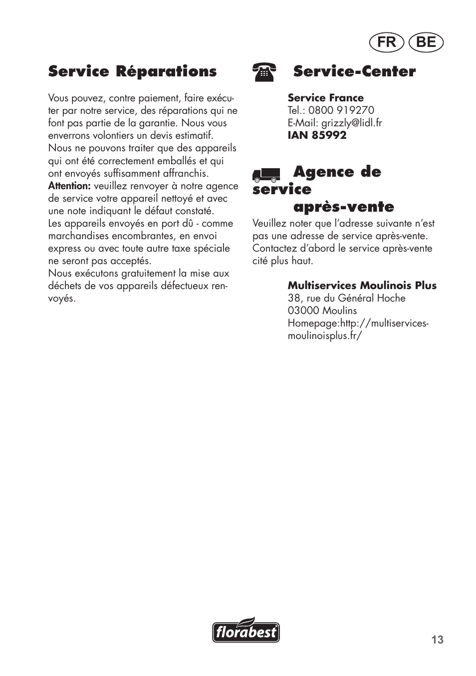 Be fr, Service-center, Agence de service après-vente | Service réparations | Florabest FHa 1100 B2 User Manual | Page 13 / 48