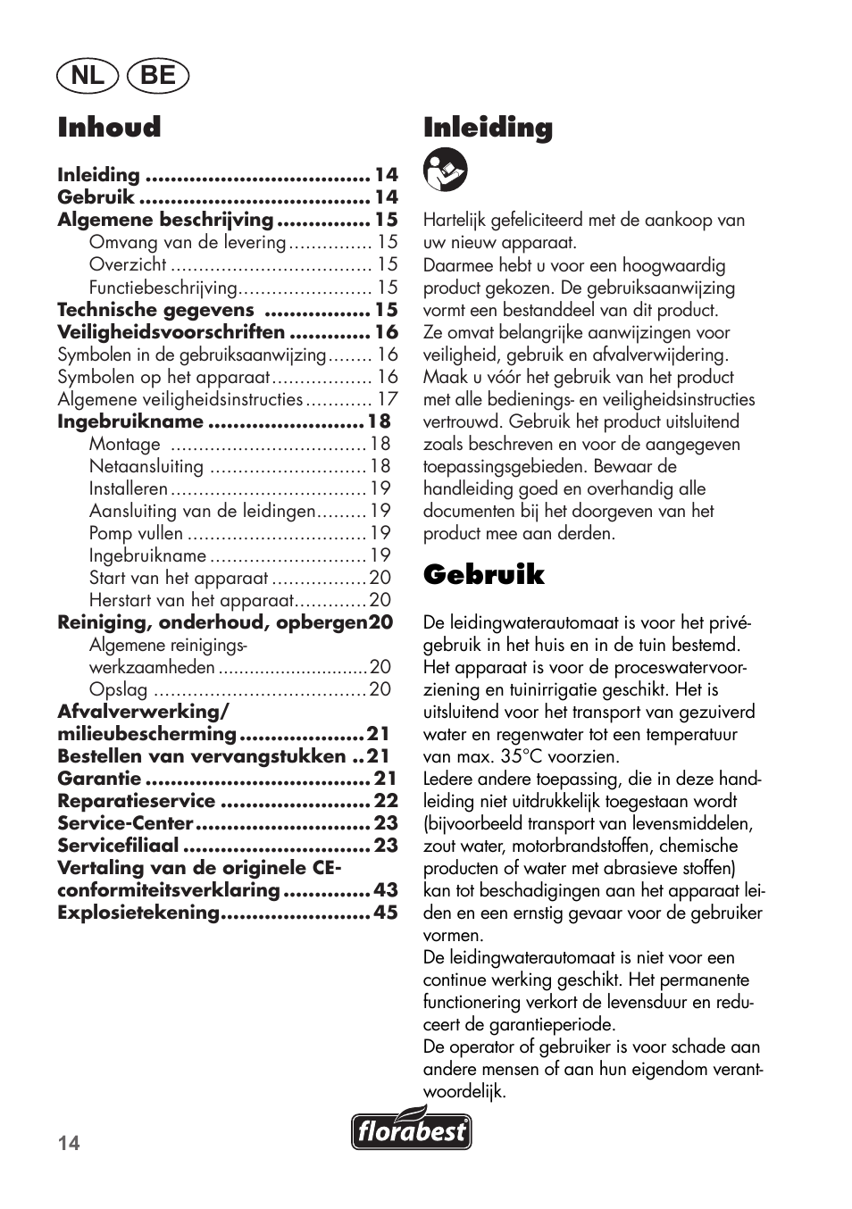 Nl be inleiding, Gebruik, Inhoud | Florabest FHa 1100 B2 User Manual | Page 14 / 48