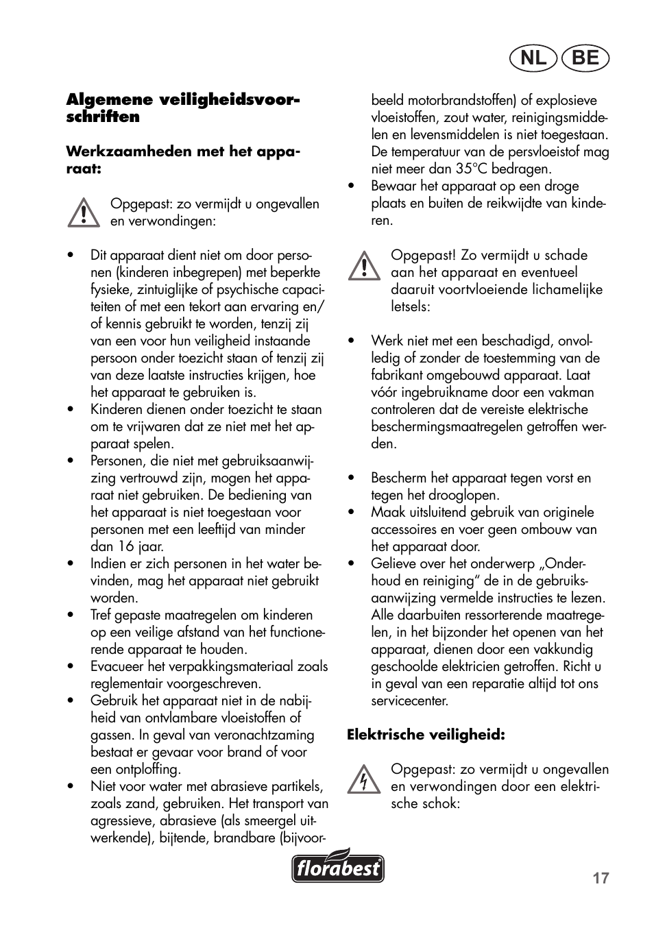 Be nl | Florabest FHa 1100 B2 User Manual | Page 17 / 48