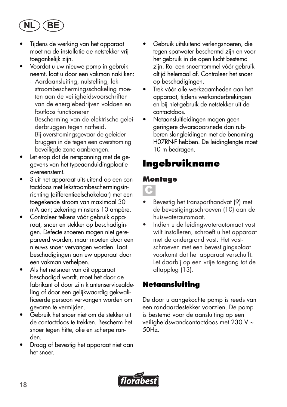 Nl be, Ingebruikname | Florabest FHa 1100 B2 User Manual | Page 18 / 48