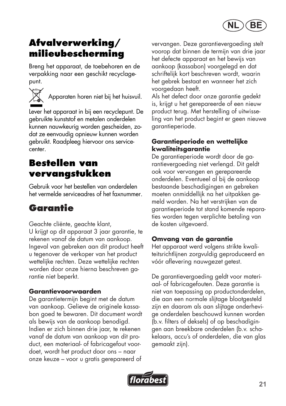 Be nl afvalverwerking/ milieubescherming, Bestellen van vervangstukken, Garantie | Florabest FHa 1100 B2 User Manual | Page 21 / 48