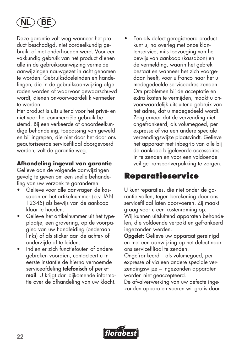 Nl be, Reparatieservice | Florabest FHa 1100 B2 User Manual | Page 22 / 48