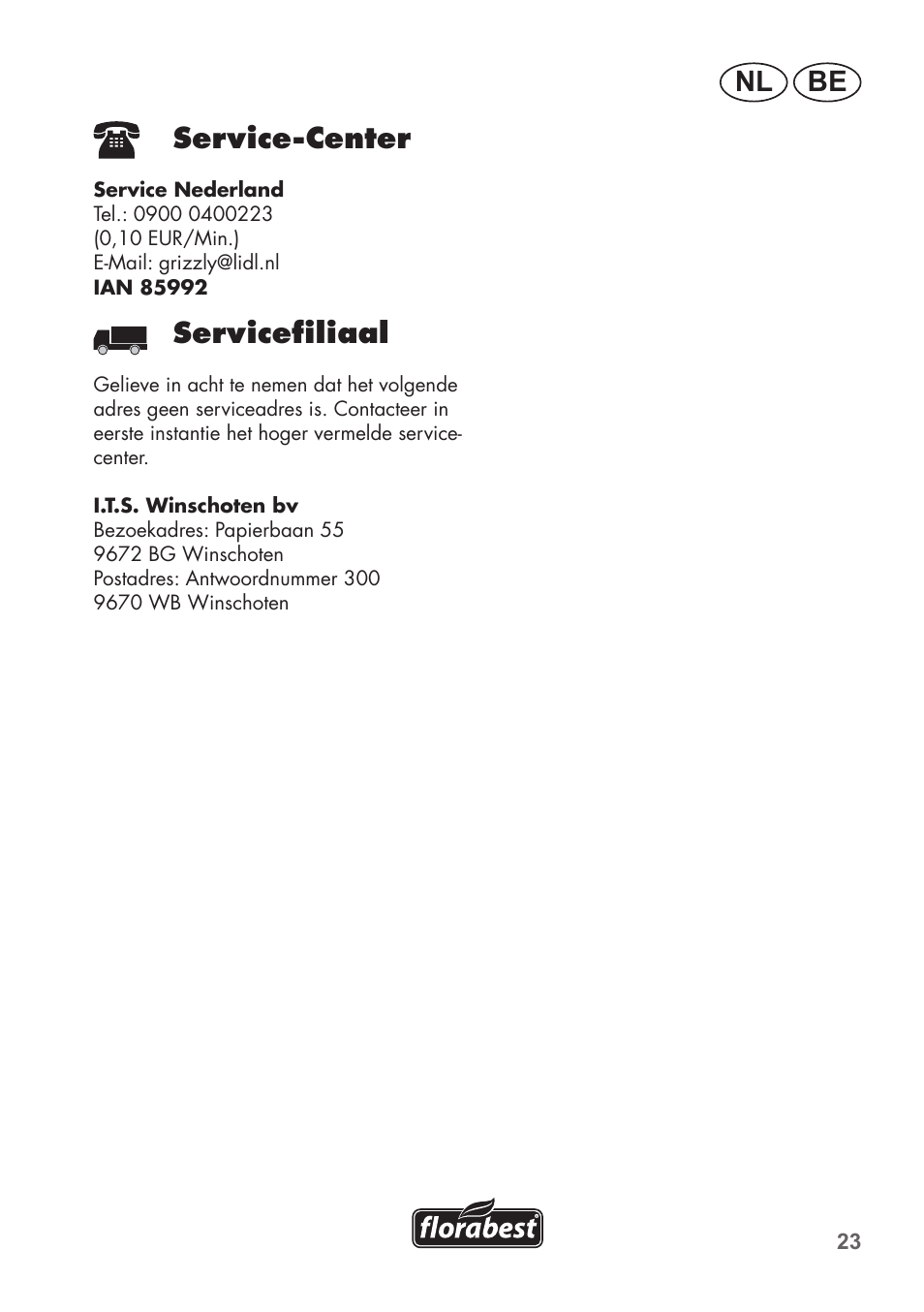 Be nl service-center, Servicefiliaal | Florabest FHa 1100 B2 User Manual | Page 23 / 48