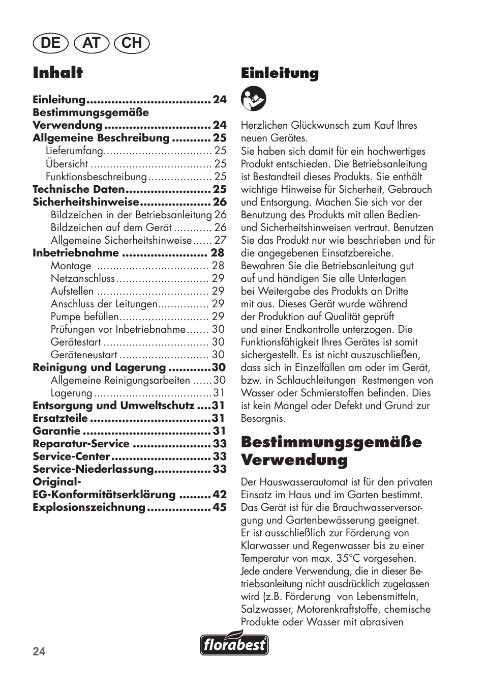 De at ch, Bestimmungsgemäße verwendung, Inhalt | Einleitung | Florabest FHa 1100 B2 User Manual | Page 24 / 48