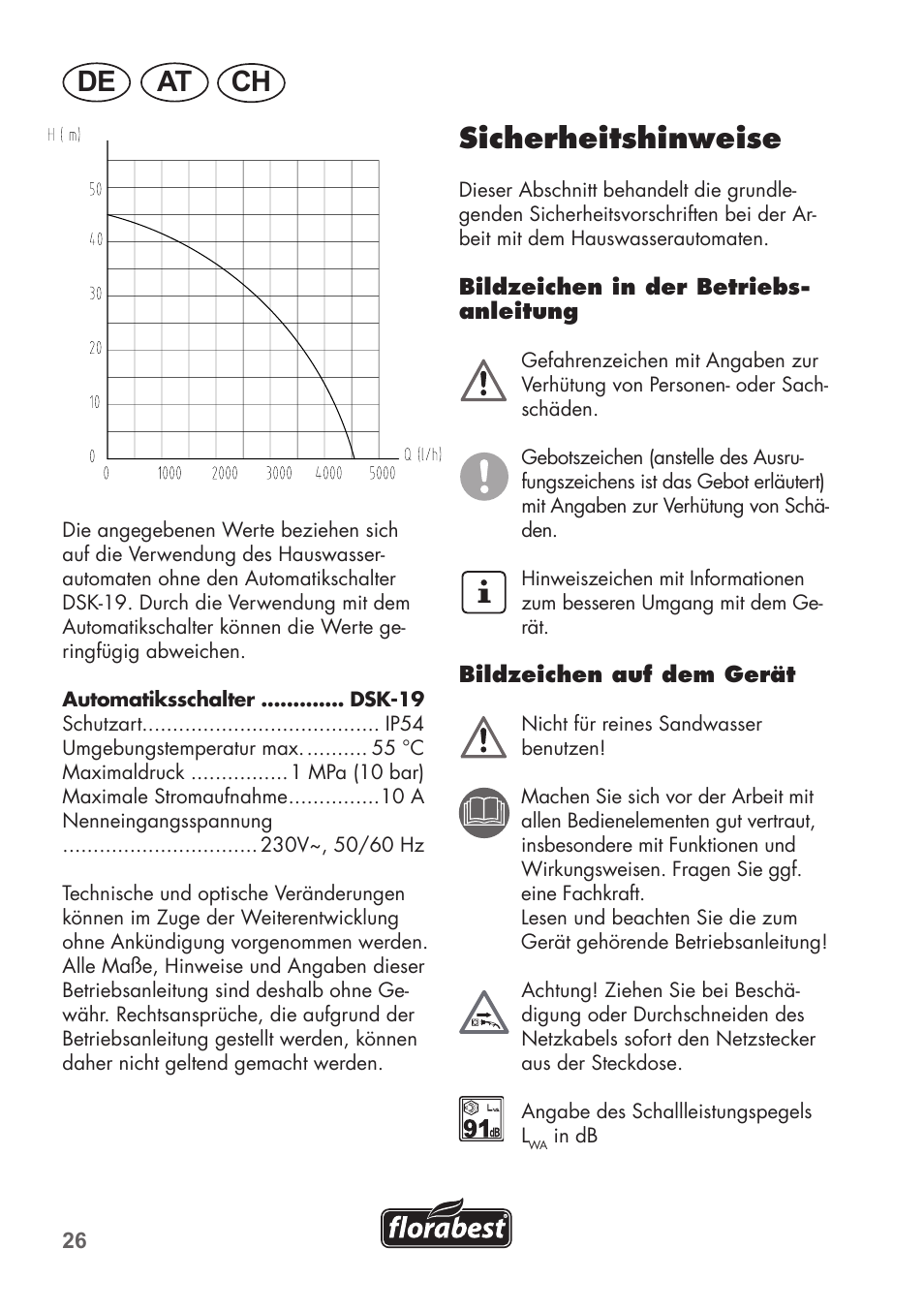 De at ch, Sicherheitshinweise | Florabest FHa 1100 B2 User Manual | Page 26 / 48