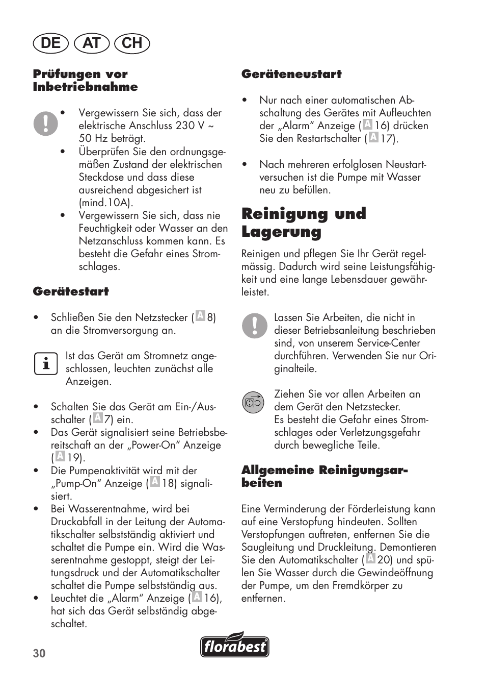 De at ch, Reinigung und lagerung | Florabest FHa 1100 B2 User Manual | Page 30 / 48