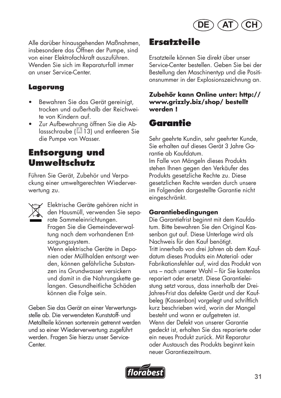 Ch at de, Entsorgung und umweltschutz, Ersatzteile | Garantie | Florabest FHa 1100 B2 User Manual | Page 31 / 48