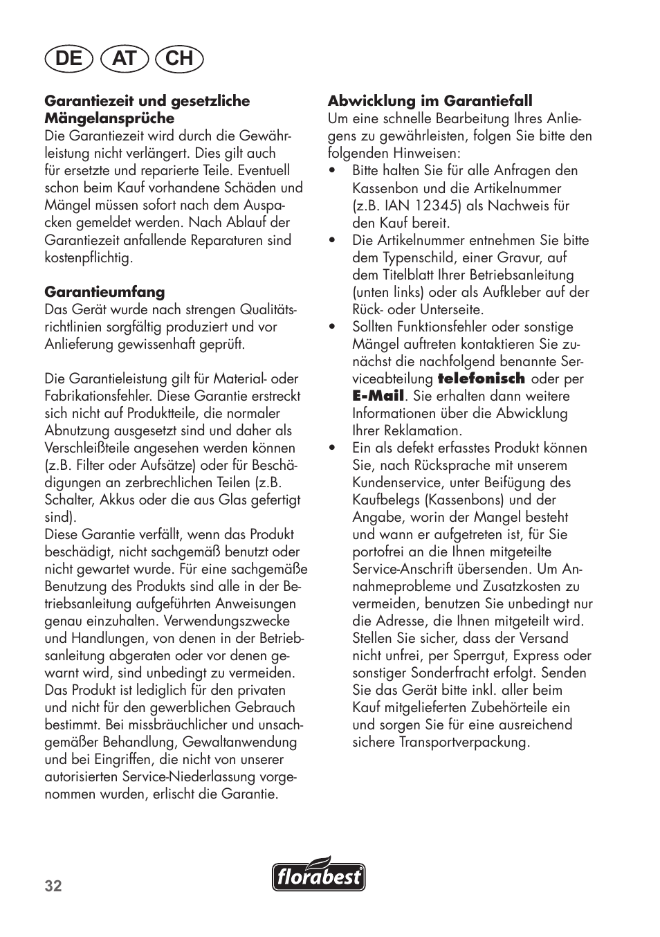 De at ch | Florabest FHa 1100 B2 User Manual | Page 32 / 48