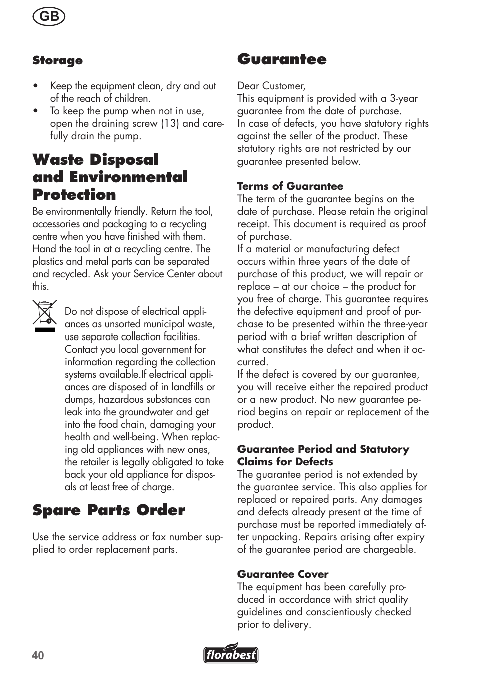 Waste disposal and environmental protection, Spare parts order, Guarantee | Florabest FHa 1100 B2 User Manual | Page 40 / 48