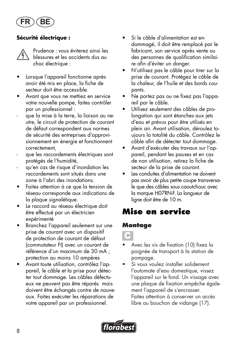 Fr be, Mise en service | Florabest FHa 1100 B2 User Manual | Page 8 / 48