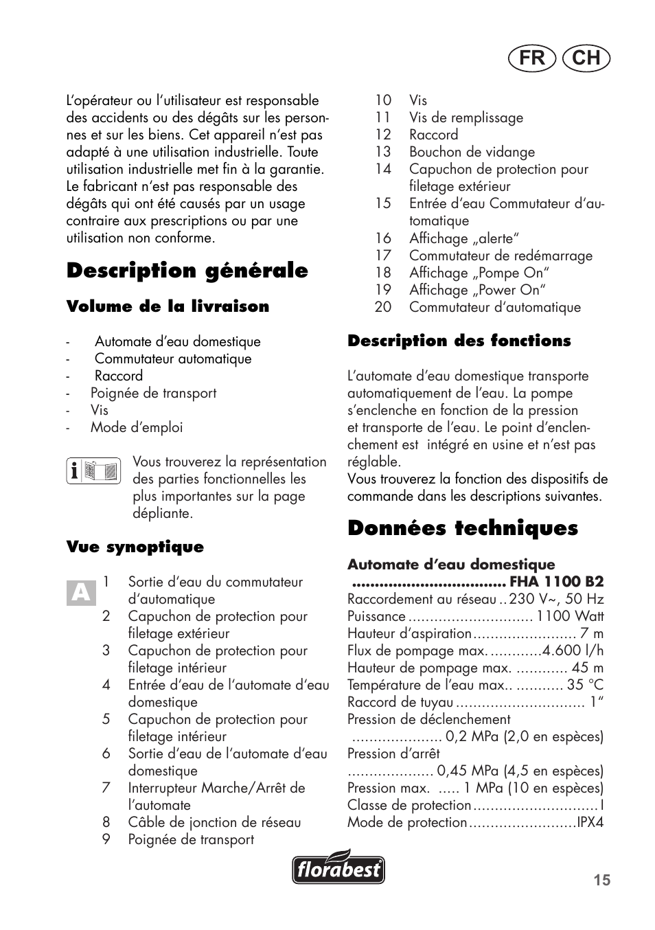 Ch fr, Données techniques, Description générale | Florabest FHa 1100 B2 User Manual | Page 15 / 48