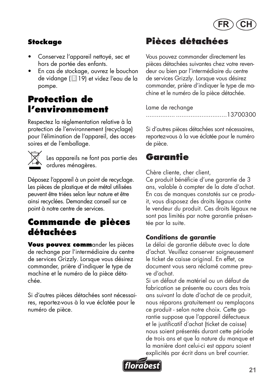 Ch fr, Protection de l’environnement, Commande de pièces détachées | Pièces détachées, Garantie | Florabest FHa 1100 B2 User Manual | Page 21 / 48