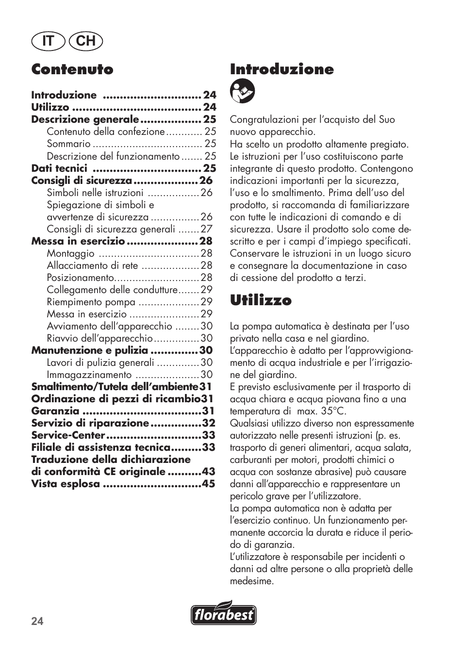 It ch, Introduzione, Utilizzo | Contenuto | Florabest FHa 1100 B2 User Manual | Page 24 / 48