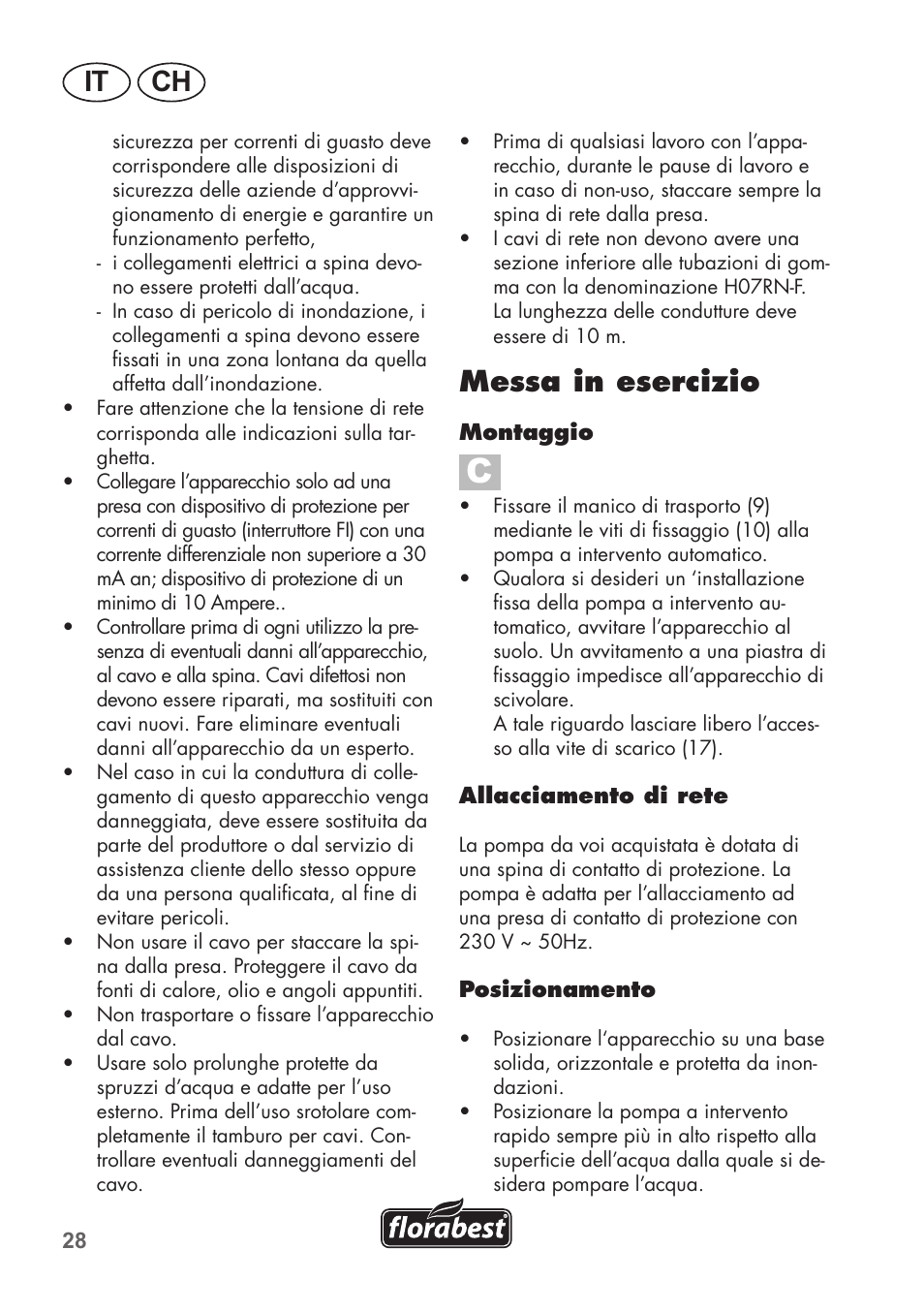 It ch, Messa in esercizio | Florabest FHa 1100 B2 User Manual | Page 28 / 48