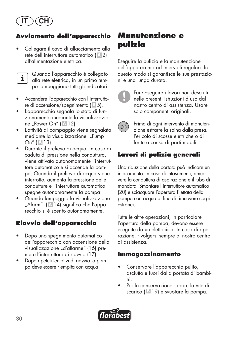 It ch, Manutenzione e pulizia | Florabest FHa 1100 B2 User Manual | Page 30 / 48