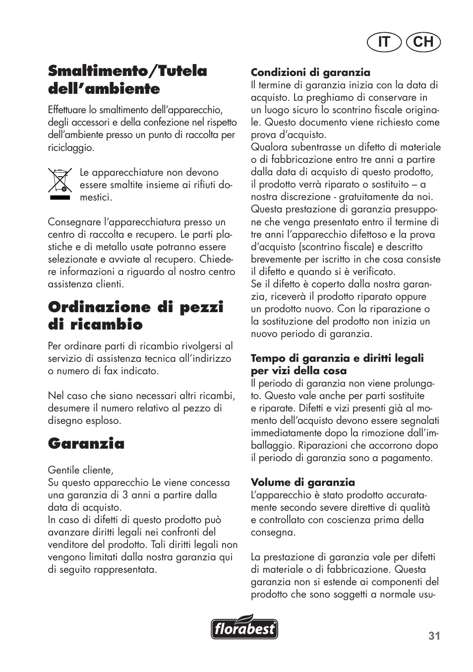 Ch it, Smaltimento/tutela dell’ambiente, Ordinazione di pezzi di ricambio | Garanzia | Florabest FHa 1100 B2 User Manual | Page 31 / 48