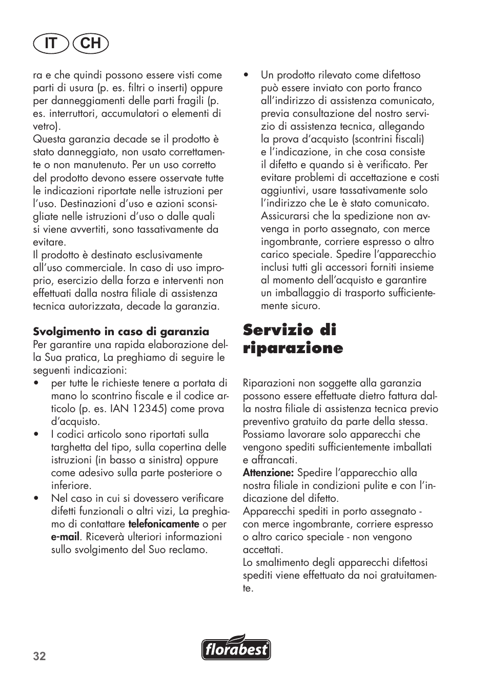 It ch, Servizio di riparazione | Florabest FHa 1100 B2 User Manual | Page 32 / 48