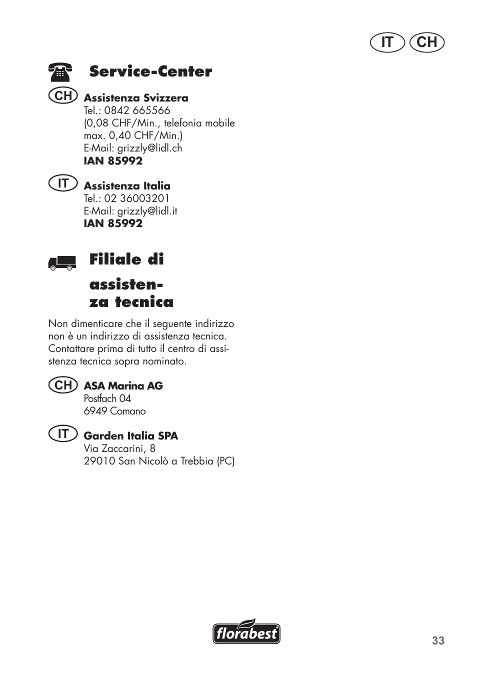 Ch it, Service-center, Filiale di assisten- za tecnica | Florabest FHa 1100 B2 User Manual | Page 33 / 48