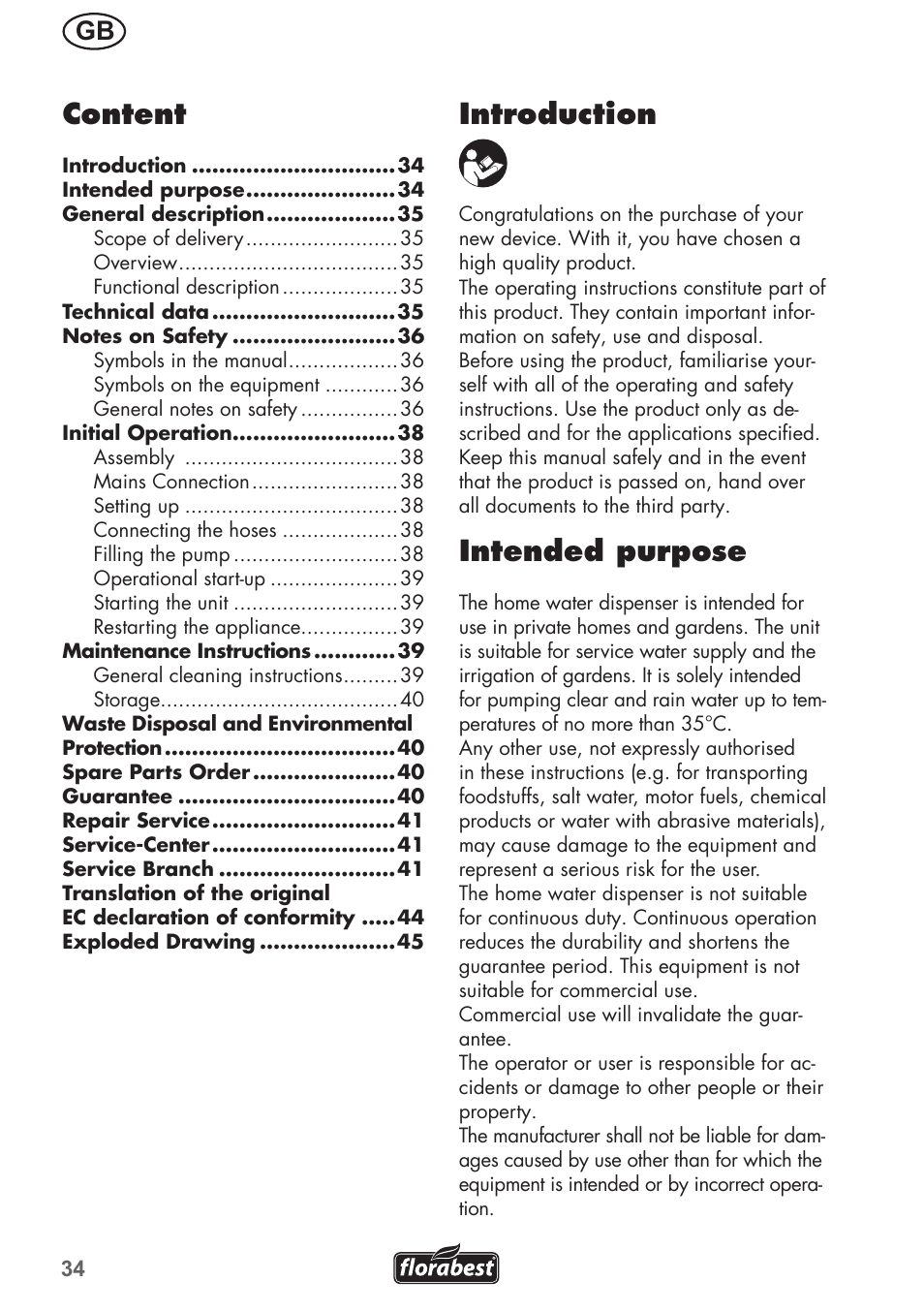 Introduction, Intended purpose, Content | Florabest FHa 1100 B2 User Manual | Page 34 / 48