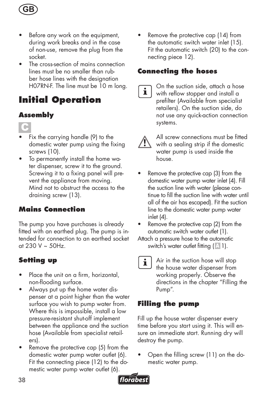 Initial operation | Florabest FHa 1100 B2 User Manual | Page 38 / 48