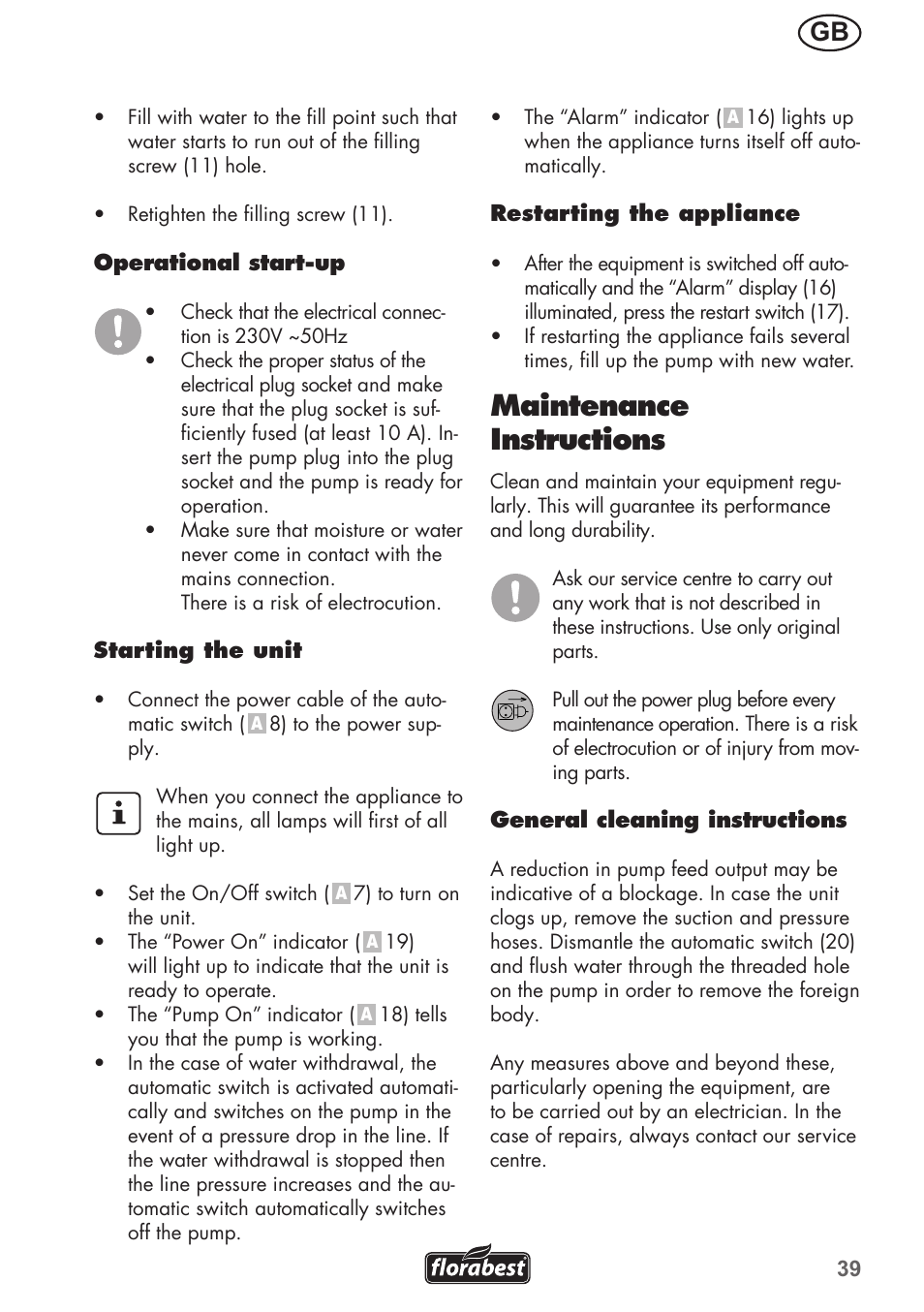 Maintenance instructions | Florabest FHa 1100 B2 User Manual | Page 39 / 48